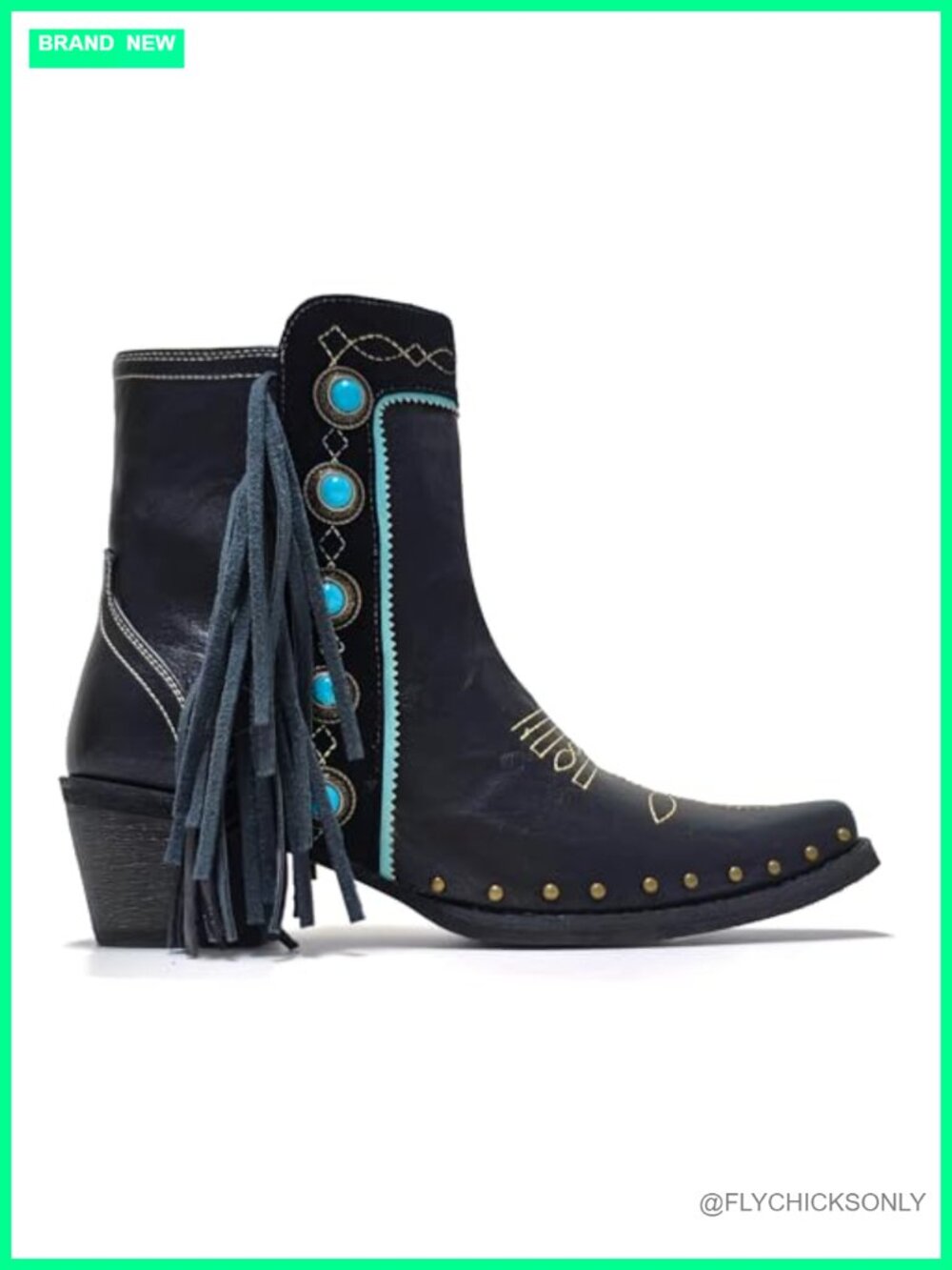 Fringe Studded Cowboy Ankle Boots with Turquoise Stones Side Zip